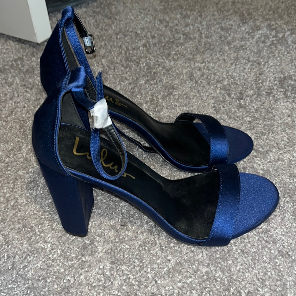 Navy blue satin block heels